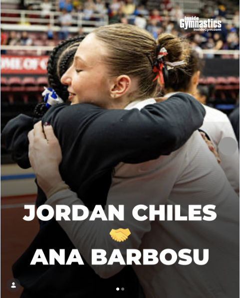 Jordan Chiles of UCLA and Ana Bărbosu of Stanford embracing on the floor after tying 9.95 in their college floor final, March 7.