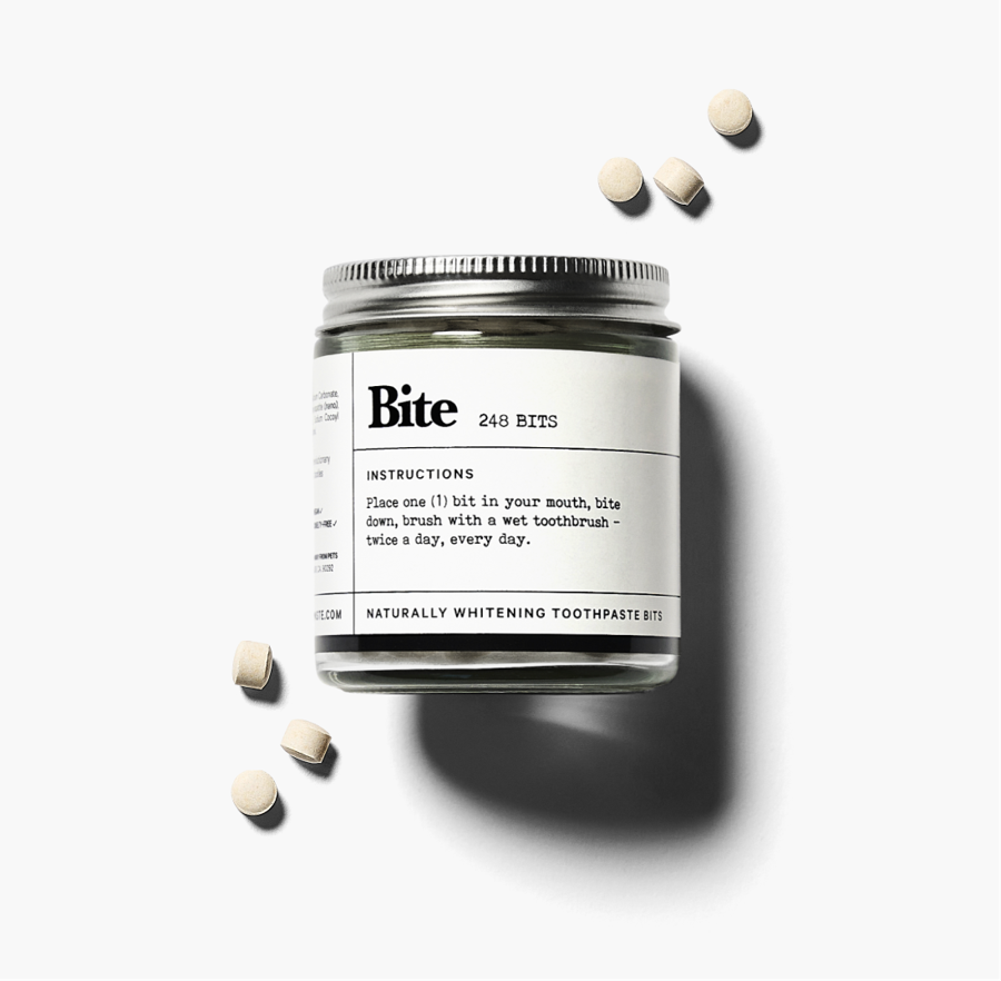 A Bite toothpaste tablets glass jar with aluminum lid.
