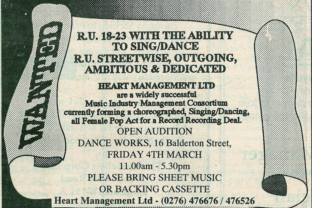 The original newspaper ad: Wanted, R.U. 18-23 with the ability to sing and dance, from Heart Management Ltd