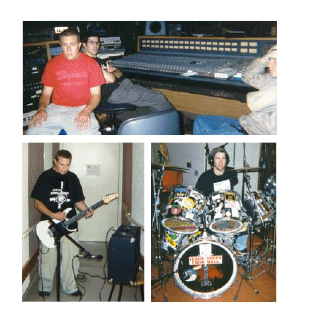 wellspring in the studio: the band at the mixing console, a guitarist tracking, and a sticker-covered drum kit reading Jesus Saves From Hell.